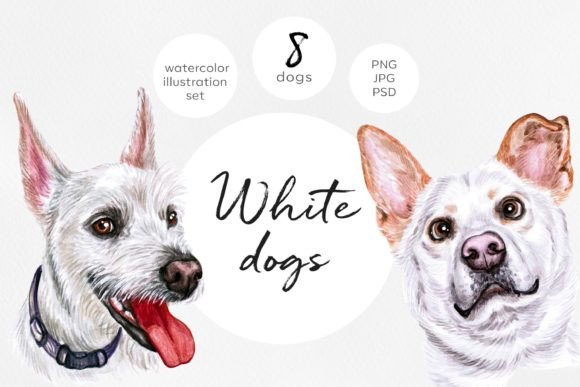 White Dogs. Watercolor 8 Illustrations: A Practical Review for Designers